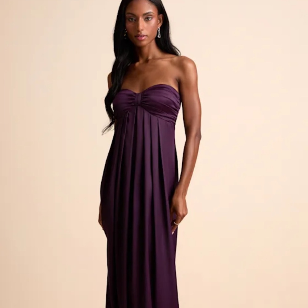 Lulus Memorable Entrance Dark Purple Strapless Satin Maxi Dress
